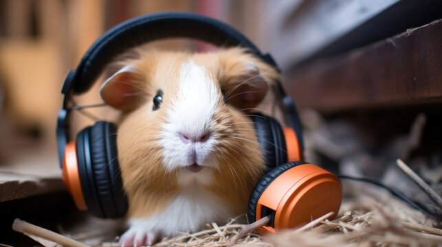 guinea pig listen music in earphones