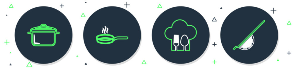 Set line Frying pan, Chef hat with fork and spoon, Cooking pot and Kitchen colander icon. Vector