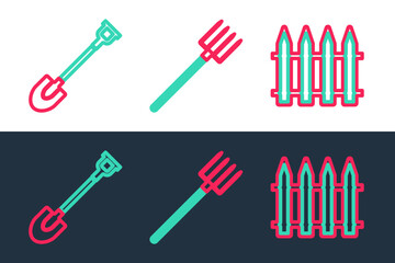 Set line Garden fence, shovel and pitchfork icon. Vector
