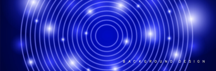 Abstract glowing circle lines on dark blue background. Geometric line art design. Modern glossy blue outline. Futuristic technology concept.