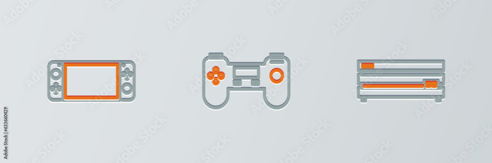 Poster set line video game console, portable video and gamepad icon. vector