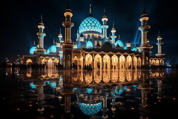 Mosque Illuminated With Festive Ramadhan Lights, Generative AI