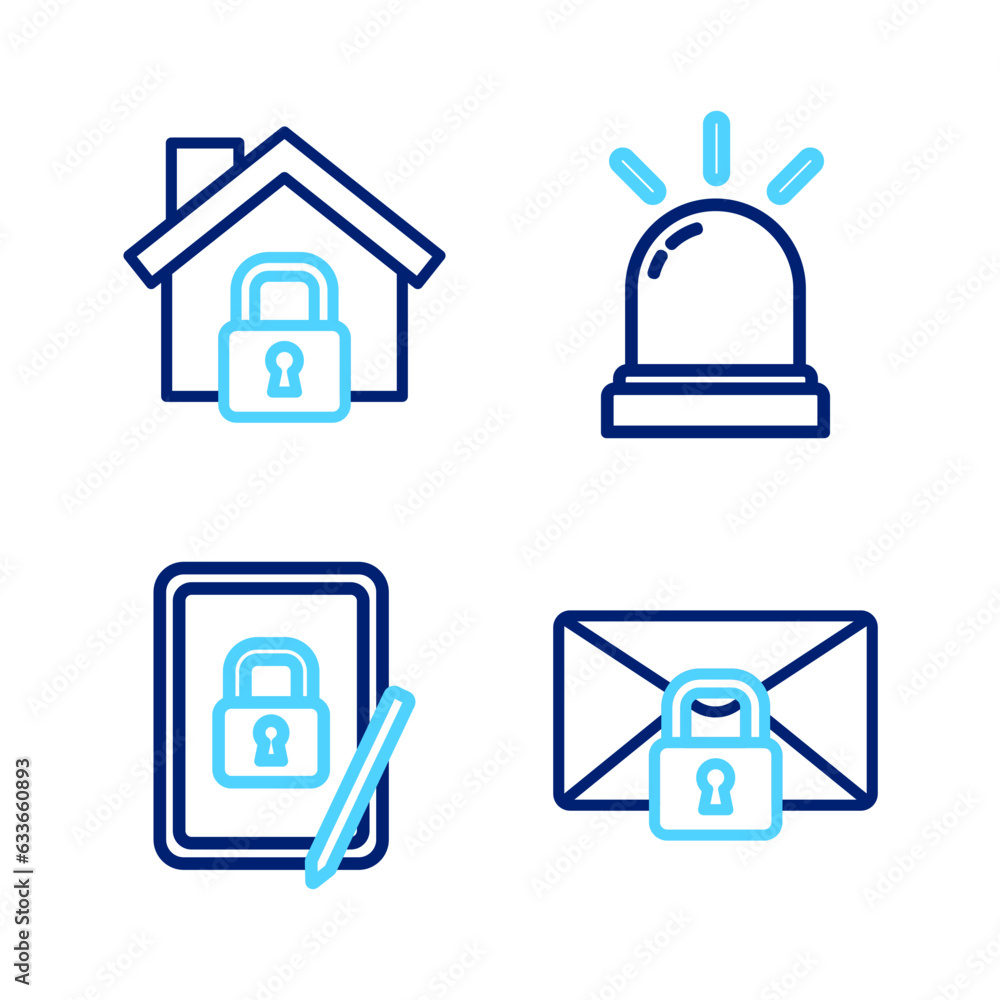 Poster set line mail message lock password, tablet with closed padlock, motion sensor and house under prote