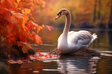 Swan with nature background style with autum