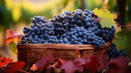 Fototapeta premium Photo of a Basket full of harvested grapes. AI generated