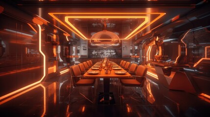 Sci-fi futuristic restaurant in orange and red colors