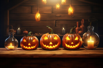 Creepy Halloween pumpkins with an evil face and eyes on a wooden table with candles. AI generated