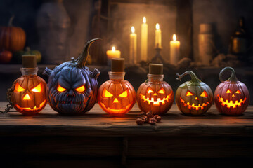 Creepy Halloween flasks in the shape of a pumpkin with an evil face and eyes on a wooden table with candles. AI generated