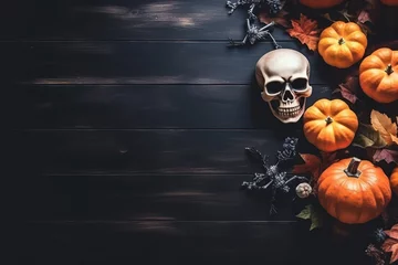 Tuinposter Creepy Halloween pumpkin-shaped cookies with an evil face and eyes on a black wooden table with candles. Flat lies. Mockup with empty space for halloween style product. AI generated © Polli Deeva