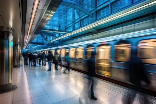 Blurred People Getting Into Subway Train During Rush Hour, Train in subway station during rush hour, Generative Ai.