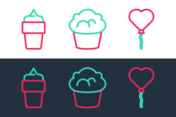Set line Balloons in form of heart, Ice cream waffle cone and Muffin icon. Vector