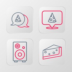 Set line Piece of cake, Stereo speaker, Slice pizza and icon. Vector