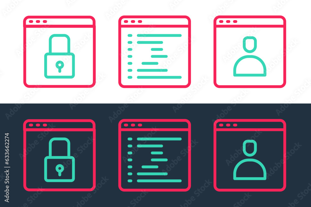 Poster set line create account screen, secure your site with https, ssl and browser window icon. vector