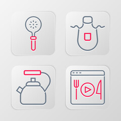 Set line Cooking live streaming, Kettle with handle, Kitchen apron and Spatula icon. Vector