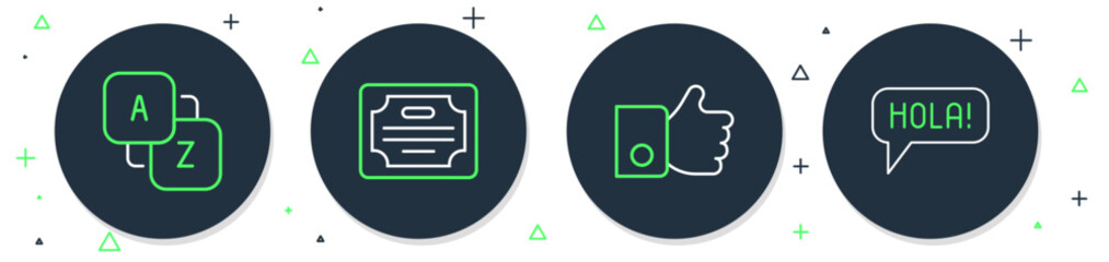 Set line Certificate template, Hand like, Vocabulary and Hola in different languages icon. Vector © vector_v