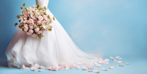 Bride in white wedding dress holding bridal bouquet