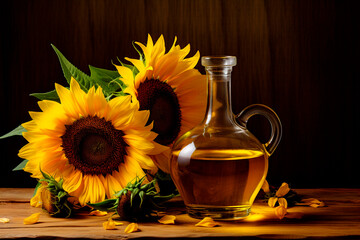 Sunflower oil in glass bottle on wooden background, sunflower petals around it
