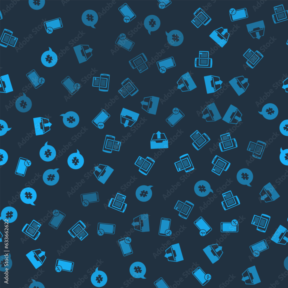 Poster set mobile service, smartphone and book, upload inbox and hashtag speech bubble on seamless pattern.