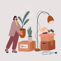 Vector illustration of Happy woman moving boxes and plant into new home