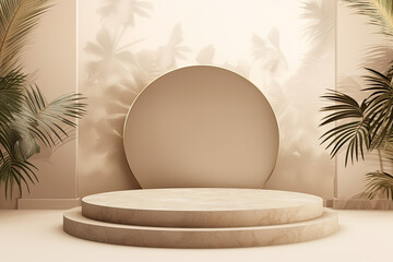 Background products display stone podium scene with palm leaf geometric platform. 