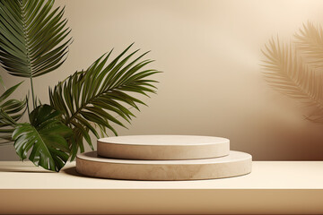 Obraz premium Background products display stone podium scene with palm leaf geometric platform. 