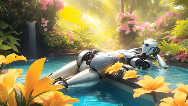 A robotic figure basking in a pool of tropical flowers, its body illuminated by the sun's rays.