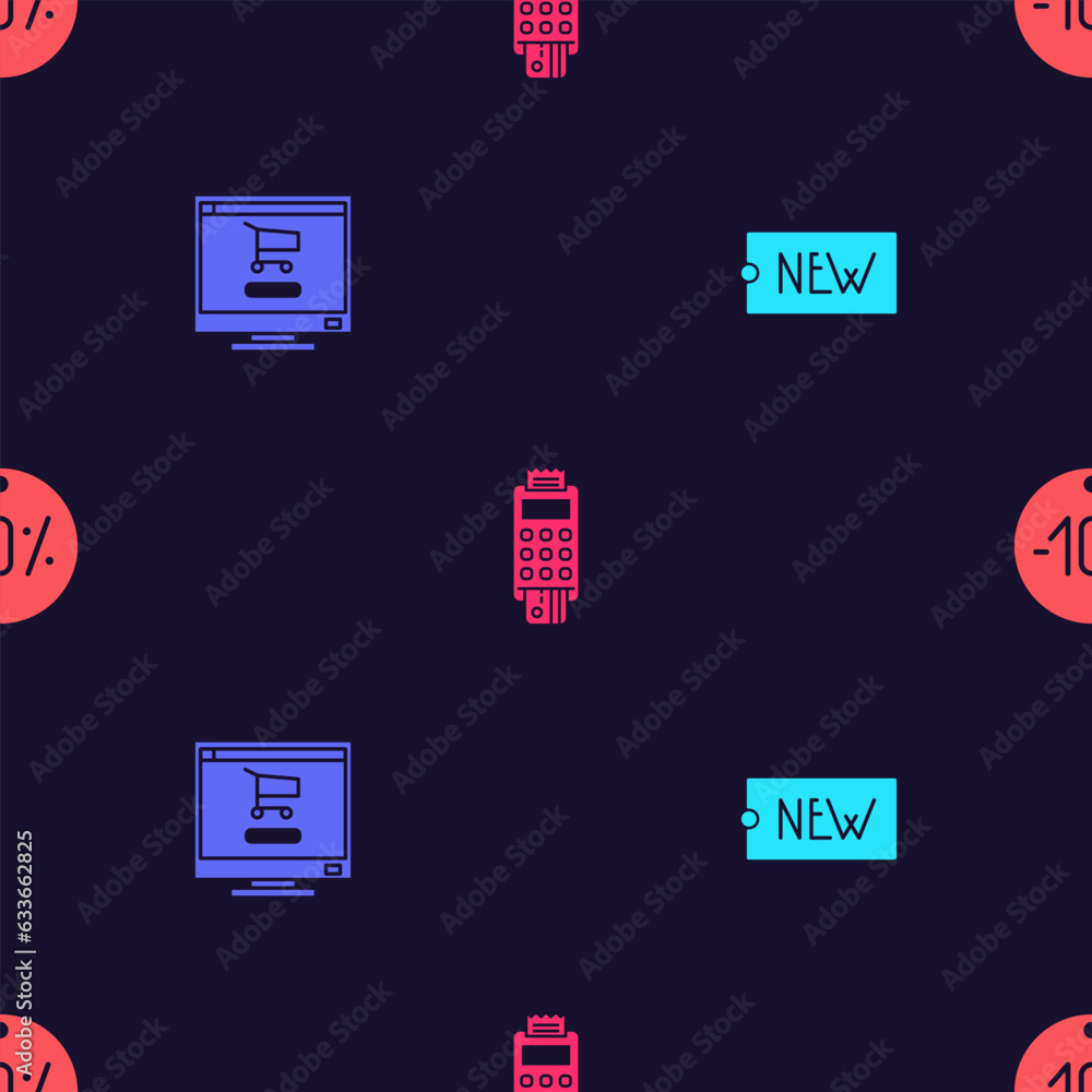 Poster set price tag with text new, shopping cart on computer, pos terminal credit card and ten discount pe