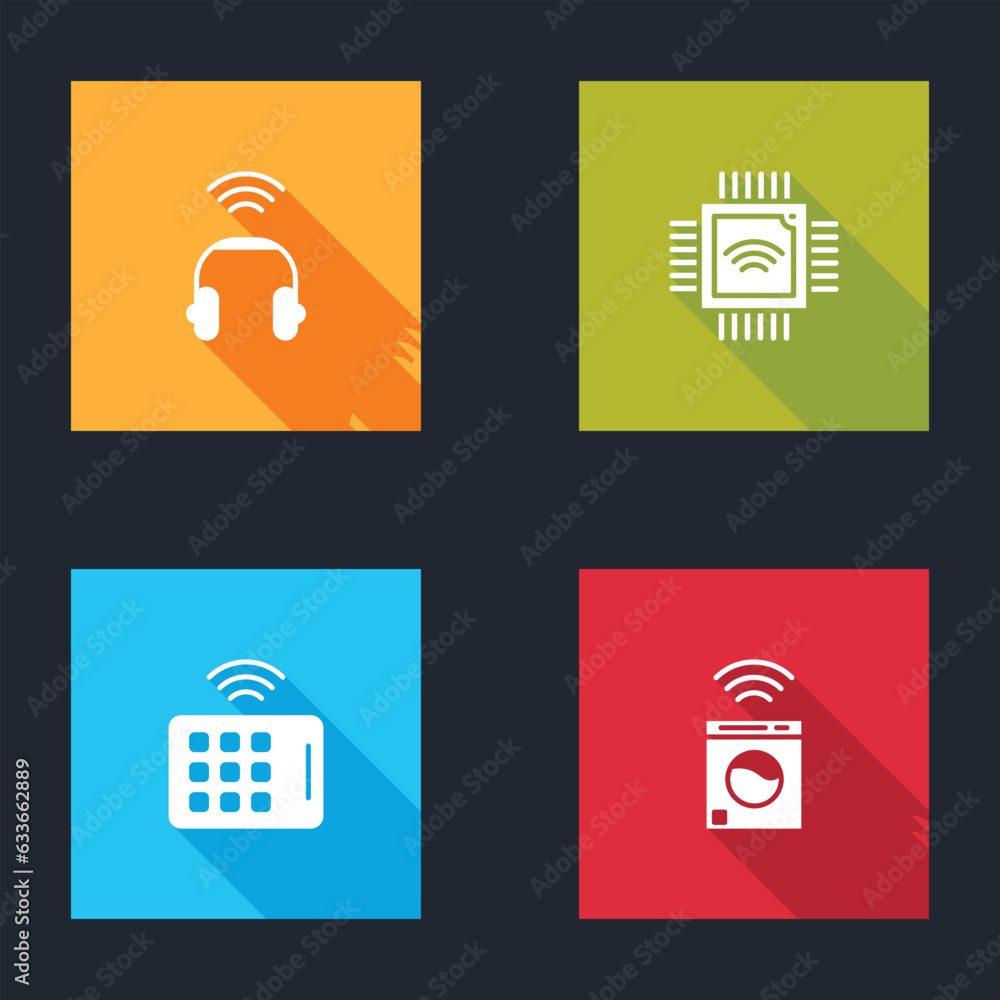 Aufkleber set smart headphones, processor with microcircuits cpu, wireless tablet and washer icon. vector