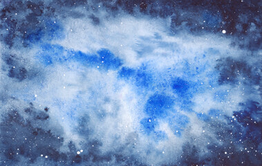 Fototapeta premium Watercolor illustration of a nebula, a night starry sky with a gradient. Hand-drawn. Template for poster, design and decoration. The texture of watercolor on paper. Watercolor abstract background.