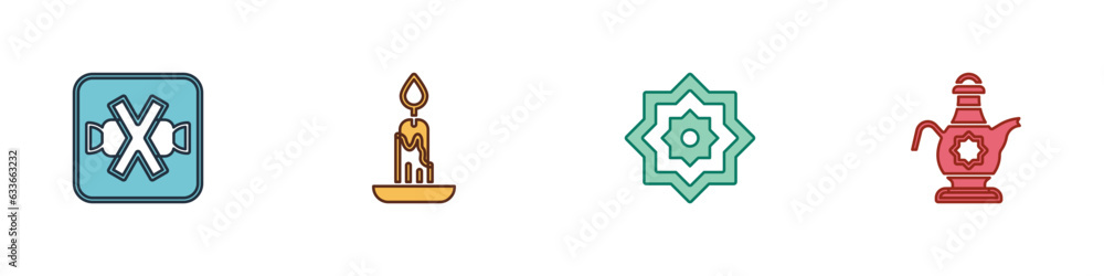 Sticker Set No sweets, Burning candle, Octagonal star and Islamic teapot icon. Vector