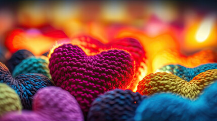 Coloгrful knitted hearts made of wool background