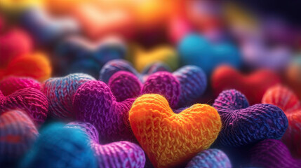 Coloгrful knitted hearts made of wool background