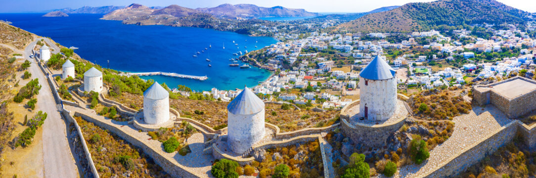 Picturesque windmills and castle of Panteli in Leros island, Greece
