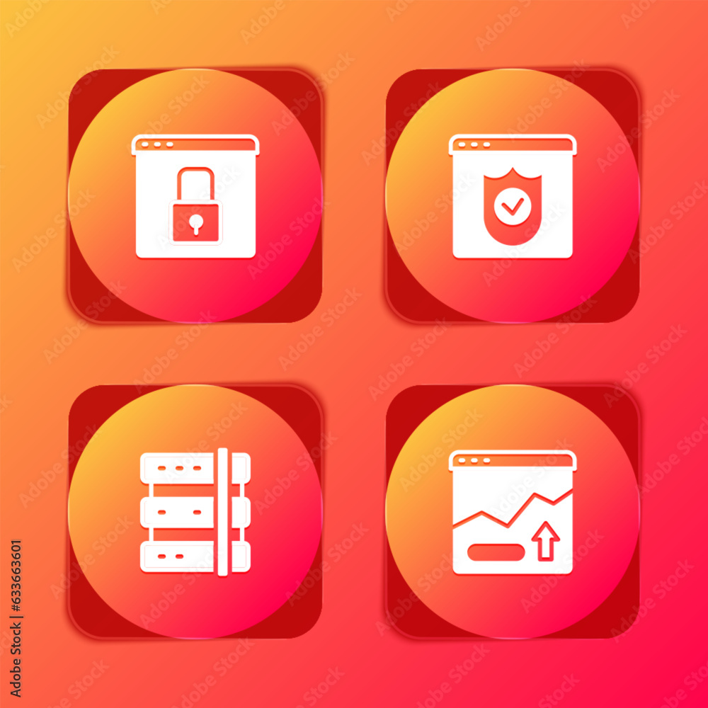 Poster set secure your site with https, ssl, browser shield, server and financial growth increase icon. vec
