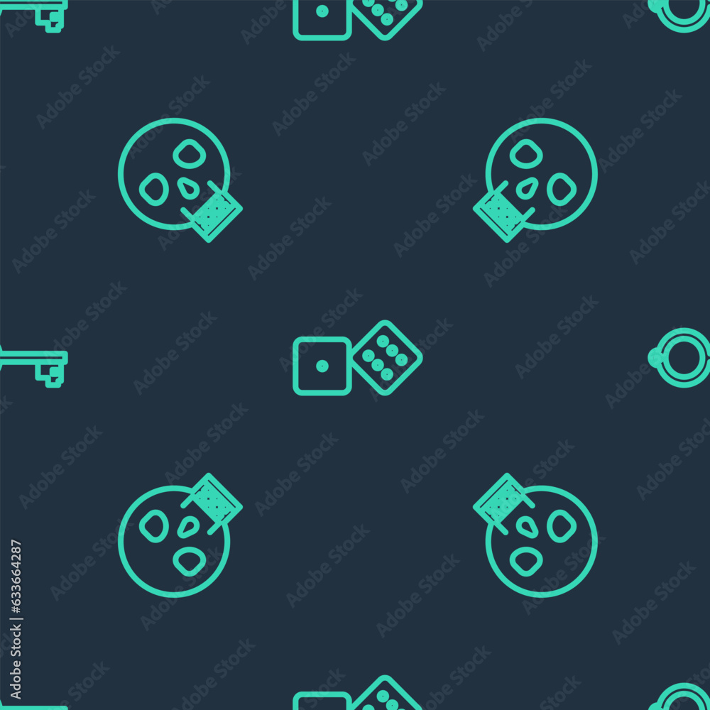 Poster set line game dice, skull and ancient key for game on seamless pattern. vector