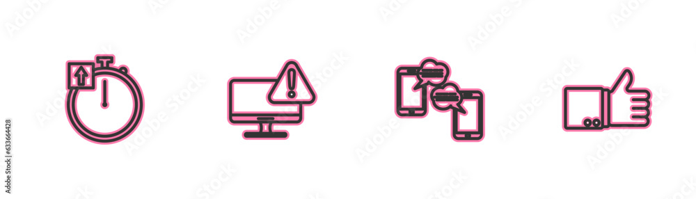 Poster set line stopwatch, chat messages on mobile, monitor with exclamation mark and hand thumb up icon. v