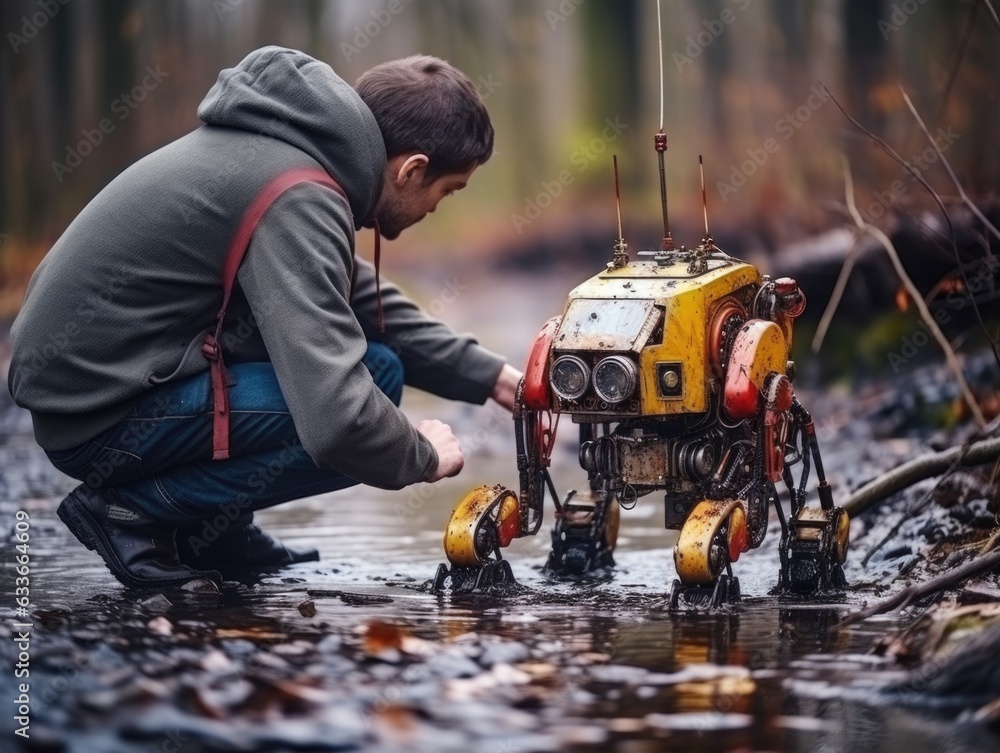 Poster a man crouches down in the water to look at a robot. generative ai image.