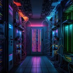 A futuristic hallway filled with intricate and tangled wires, showcasing the power of generative AI technology . Generative AI.