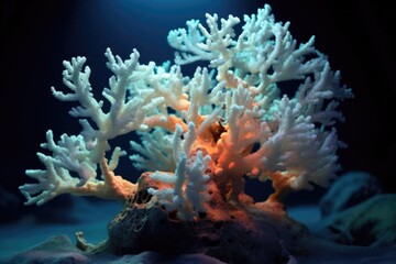 nighttime view of branching coral with visible polyps