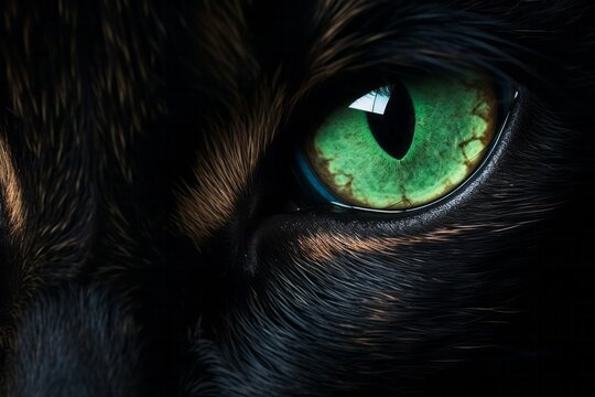 green eye of a black cat close-up.