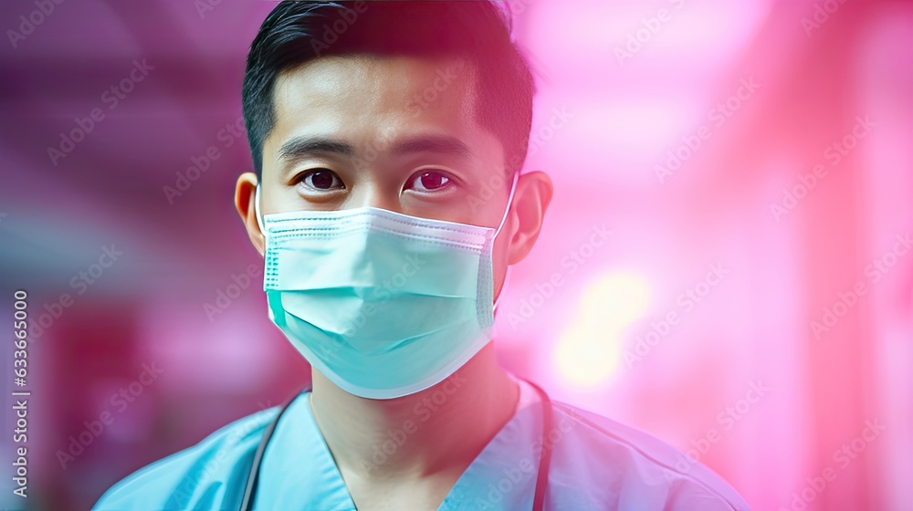 Sticker smiling asian surgeon in mask looking at camera on pink background banner