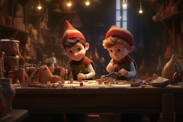 elf. elves make toys for children. Workshop of Santa Claus.