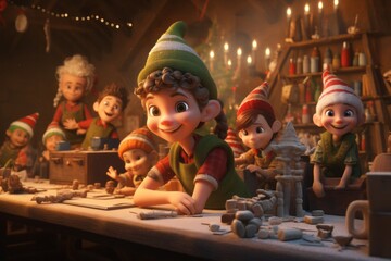 elf. elves make toys for children. Workshop of Santa Claus. - obrazy, fototapety, plakaty
