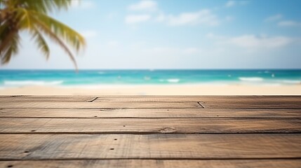 Fototapeta premium Wooden table for displaying products against a beach background with empty space for text