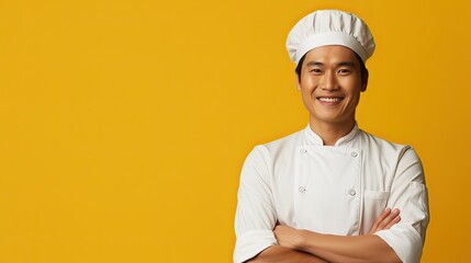 Smiling Asian chef portrait on solid yellow background with copy space