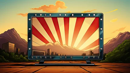 Cercles muraux Montagnes Cartoon illustration of a cinema screen monitor with a sunbeams and mountains in the background