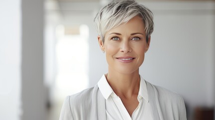 Portrait of a successful adult woman on a light background with focus and space for text