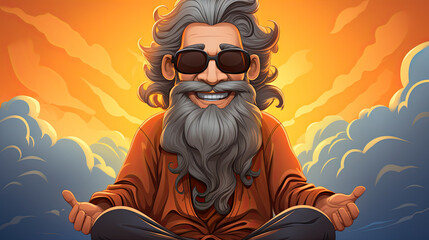 Hipster hippie guru man in sunglasses sitting in lotus pose. - obrazy, fototapety, plakaty