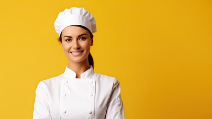 Smiling female chef portrait on yellow background with banner and space
