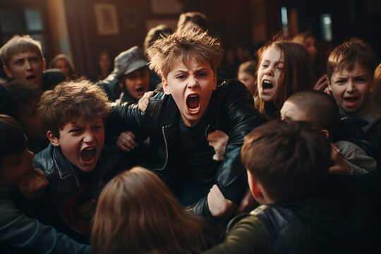 Group of children fighting at school